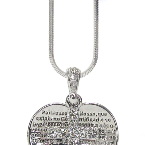 17" Snake Chain Silver Heart Cross Crystal Spanish Prayer Necklace - Picture 2 of 3